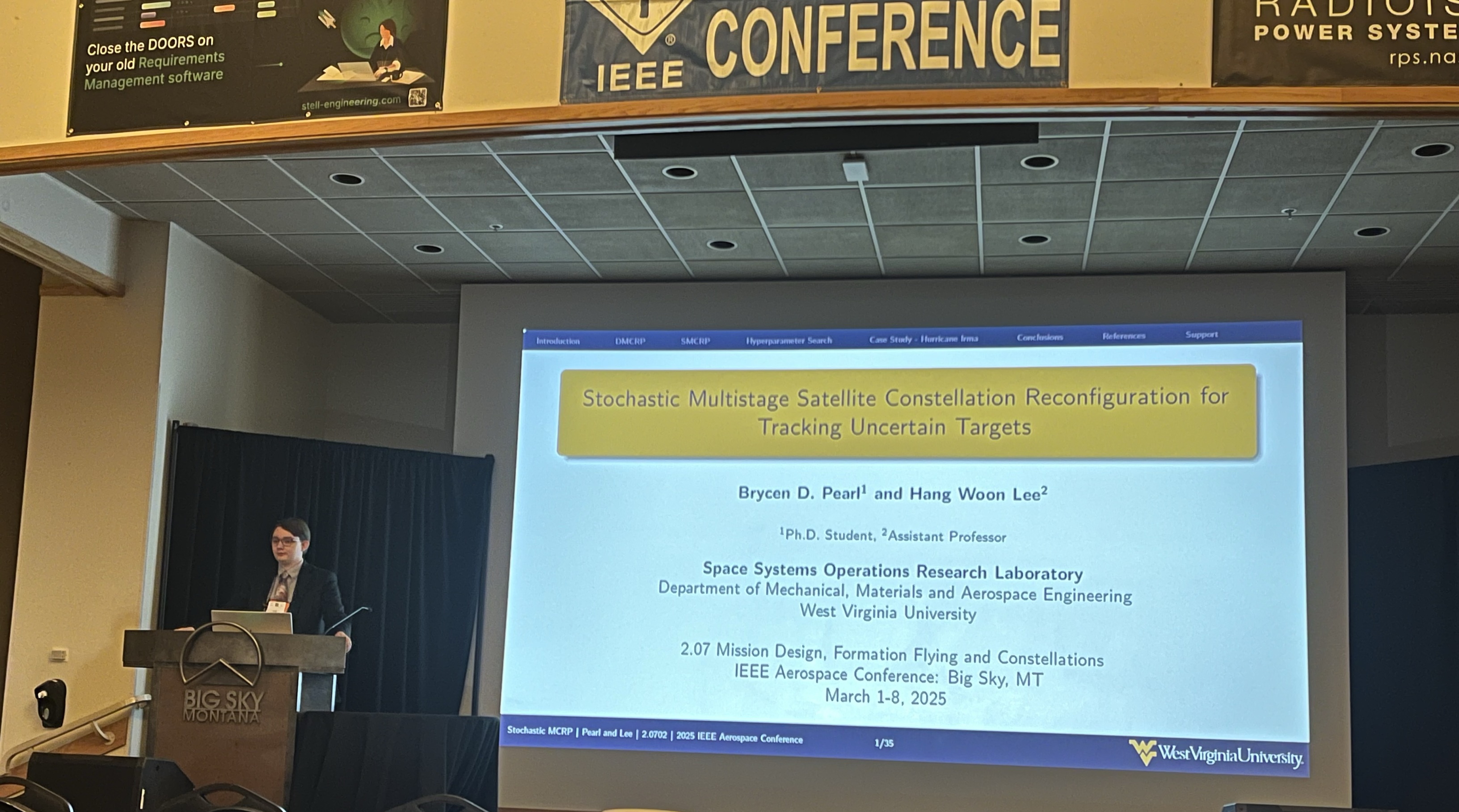Brycen presenting at the 2025 IEEE Aerospace Conference on Stochastic REOSSP (Mar 2025)